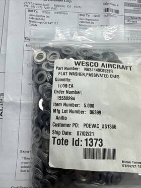 5310-00-167-081 Anillo Nas1149c0532r 1000 Washers Aerospace 5/16 Inch 1/32 Thick Steel