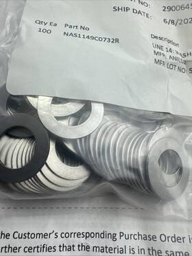 5310-01-384-4656 Anillo Nas1149c0732r 96 Washers Aerospace 7/16 Inch Hole 1/32 Thick