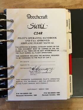 169-590025-15b3 Beech 169-590023-12a3 Beechcraft Sierra C24r Pilots Operating Handbook P/n
