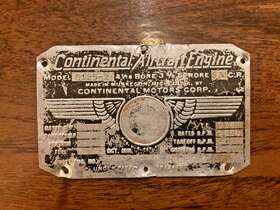 1522-6-2 Continental C125-2 Original Data Plate Sn