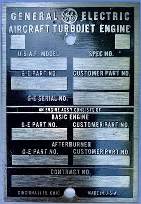 Dpl-0126 G.e. 102a255p Original General Electric Aircraft Turbojet Engine Data Plate Ge J47