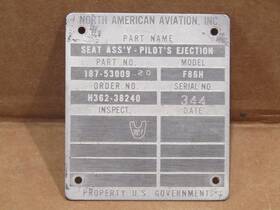 187-53009 North American Us Govt Aircraft Seat Pilot Eject Data Plate F86h Sabre Jet