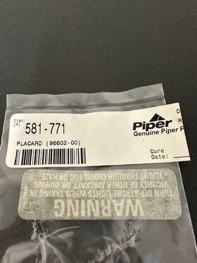 581-771 Piper Aircraft Placard P/n New Surplus St