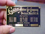 Cadillac Data Patent Plate Acid Etched Brass 1902 - 1908 + ?. Fixed Price $185.00.