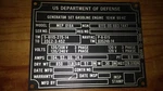 Us Department Of Defense "generator Set Gasoline Engine" Plate #30554 73-0506-12. Fixed Price $21.95.
