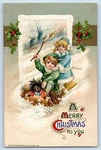 John Winsch Signed Postcard Christmas Children Sledding On Winter Doll Berries. Fixed Price $32.47.