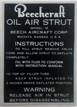 Beechcraft Model 18 Oil Air Strut Instructions Placard/decal DEC-0135. Fixed Price $16.95.